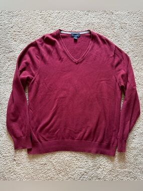 Lands’ End Men’s Burgundy V-neck Sweater 100% Cotron Large 42-44